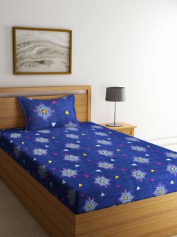 ARRABI - Blue Indian TC Polycotton Single Bedsheet with 1 Pillow Cover