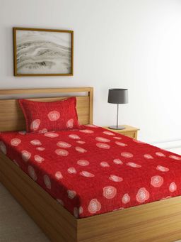 ARRABI - Red Graphic TC Cotton Blend Single Bedsheet with 1 Pillow Cover