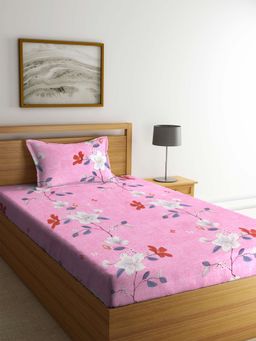 ARRABI - Pink Floral TC Cotton Blend Single Bedsheet with 1 Pillow Cover