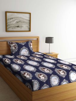 ARRABI - Blue Indian TC Cotton Blend Single Bedsheet with 1 Pillow Cover
