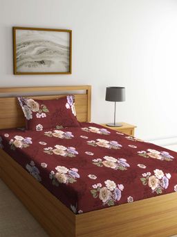 ARRABI - Brown Floral TC Cotton Blend Single Bedsheet with 1 Pillow Cover