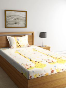 ARRABI - Yellow Animal TC Cotton Blend Single Bedsheet with 1 Pillow Cover