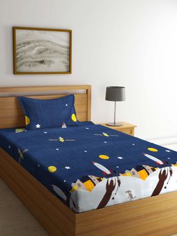 ARRABI - Blue Graphic TC Cotton Blend Single Bedsheet with 1 Pillow Cover