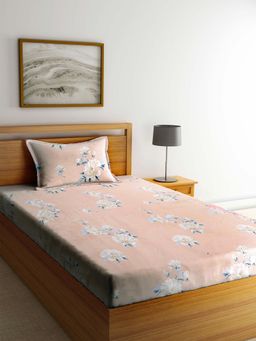 ARRABI - Peach Floral TC Cotton Blend Single Bedsheet with 1 Pillow Cover