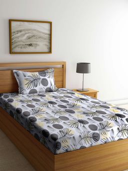 ARRABI - Grey Leaf 100% Cotton Single Bedsheet with 1 Pillow Cover