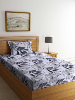 ARRABI - Grey Leaf 100% Cotton Single Bedsheet with 1 Pillow Cover