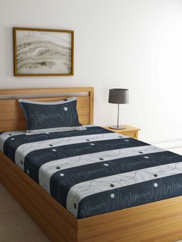 ARRABI - Grey Stripes TC Cotton Blend Single Bedsheet with 1 Pillow Cover
