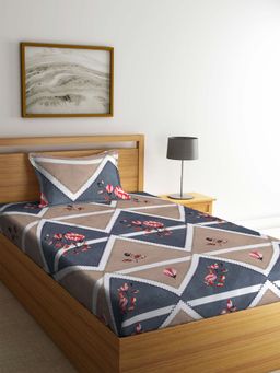 ARRABI - Brown Floral TC Cotton Blend Single Bedsheet with 1 Pillow Cover
