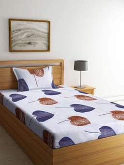 ARRABI - Blue Leaf TC Cotton Blend Single Bedsheet with 1 Pillow Cover