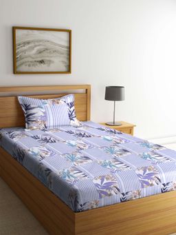 ARRABI - White Leaf TC Cotton Blend Single Bedsheet with 1 Pillow Cover