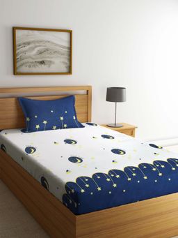 ARRABI - Blue Graphic TC Cotton Blend Single Bedsheet with 1 Pillow Cover