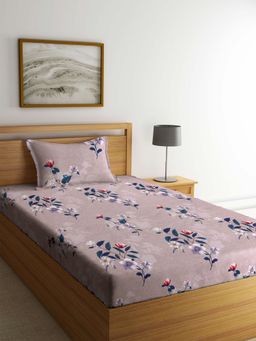 ARRABI - Brown Floral TC Cotton Blend Single Bedsheet with 1 Pillow Cover