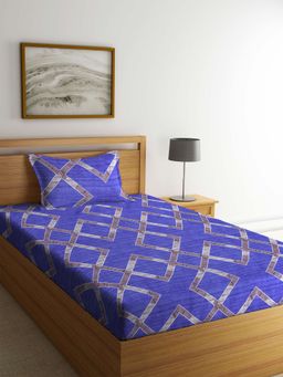 ARRABI - Blue Geometric TC Cotton Blend Single Bedsheet with 1 Pillow Cover