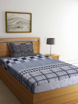 ARRABI - Black Geometric TC Cotton Blend Single Bedsheet with 1 Pillow Cover