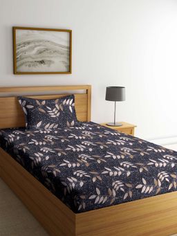 ARRABI - Black Leaf TC Cotton Blend Single Bedsheet with 1 Pillow Cover