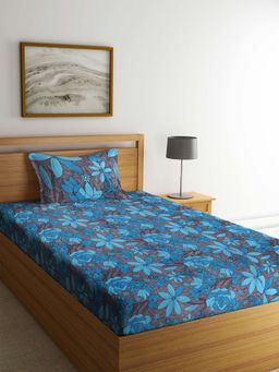 ARRABI - Blue Floral TC Cotton Blend Single Bedsheet with 1 Pillow Cover