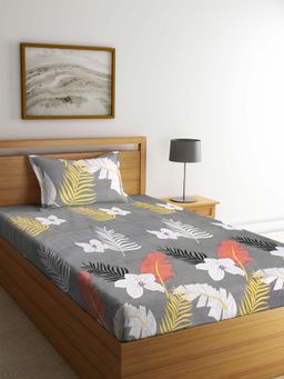ARRABI - Grey Floral TC Cotton Blend Single Bedsheet with 1 Pillow Cover