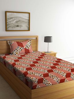 ARRABI - Brown Graphic TC Cotton Blend Single Bedsheet with 1 Pillow Cover