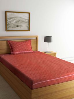 ARRABI - Red Geometric 100% Cotton Single Bedsheet with 1 Pillow Cover