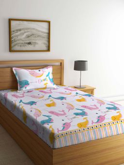 ARRABI - White Cartoon TC Cotton Blend Single Bedsheet with 1 Pillow Cover