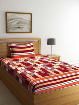 ARRABI - Multi Check TC Cotton Blend Single Bedsheet with 1 Pillow Cover
