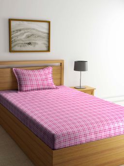 ARRABI - Pink Check TC Cotton Blend Single Bedsheet with 1 Pillow Cover