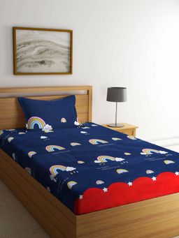 ARRABI - Blue Cartoon TC Cotton Blend Single Bedsheet with 1 Pillow Cover
