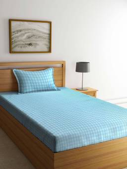 ARRABI - Blue Geometric TC Cotton Blend Single Bedsheet with 1 Pillow Cover