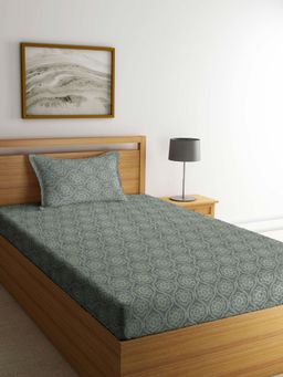 ARRABI - Grey Floral Handwoven Cotton Single Bedsheet with 1 Pillow Cover