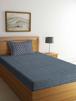 ARRABI - Grey Geometric Handwoven Cotton Single Bedsheet with 1 Pillow Cover
