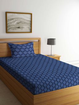 ARRABI - Blue Indian Handwoven Cotton Single Bedsheet with 1 Pillow Cover