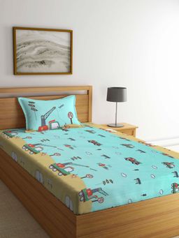 ARRABI - Green Cartoon TC Cotton Blend Single Bedsheet with 1 Pillow Cover