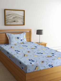 ARRABI - Grey Cartoon TC Cotton Blend Single Bedsheet with 1 Pillow Cover