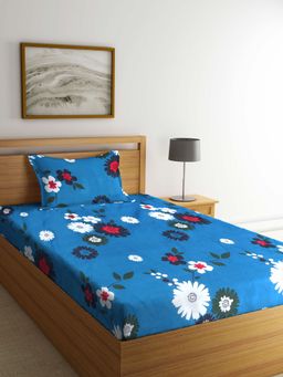 ARRABI - Blue Floral TC Cotton Blend Single Bedsheet with 1 Pillow Cover