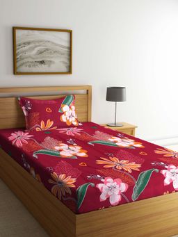 ARRABI - Red Floral TC Cotton Blend Single Bedsheet with 1 Pillow Cover