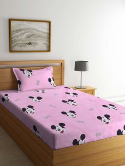 ARRABI - Pink Cartoon TC Cotton Blend Single Bedsheet with 1 Pillow Cover