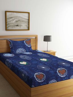 ARRABI - Blue Graphic TC Cotton Blend Single Bedsheet with 1 Pillow Cover