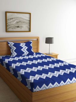ARRABI - Blue Geometric TC Cotton Blend Single Bedsheet with 1 Pillow Cover