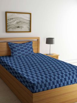 ARRABI - Blue Graphic Handwoven Cotton Single Bedsheet with 1 Pillow Cover