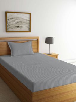 ARRABI - Grey Stripes TC Cotton Blend Single Bedsheet with 1 Pillow Cover