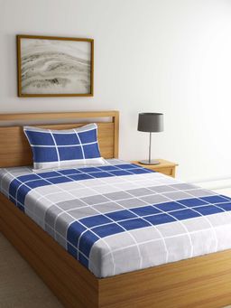 ARRABI - Blue Checks TC Cotton Blend Single Bedsheet with 1 Pillow Cover ( 220 X 150 cm)