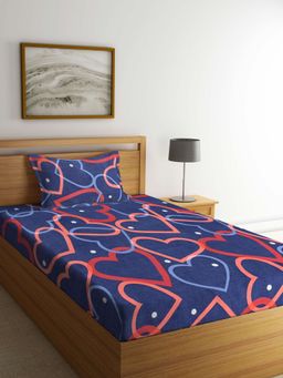 ARRABI - Blue Graphic TC Cotton Blend Single Bedsheet with 1 Pillow Cover