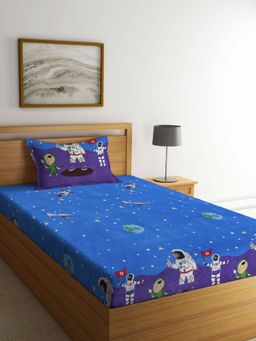ARRABI - Blue Cartoon TC Cotton Blend Single Bedsheet with 1 Pillow Cover