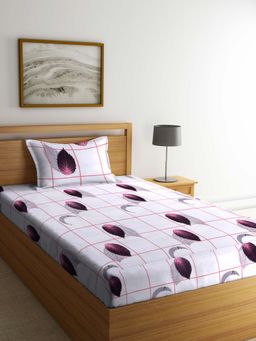 ARRABI - Grey Leaf TC Cotton Blend Single Bedsheet with 1 Pillow Cover