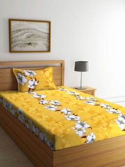 ARRABI - Yellow Floral TC Cotton Blend Single Bedsheet with 1 Pillow Cover