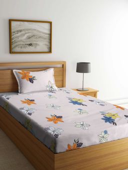 ARRABI - Beige Floral TC Cotton Blend Single Bedsheet with 1 Pillow Cover