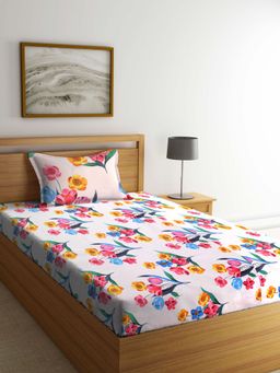 ARRABI - Multi Floral TC Cotton Blend Single Bedsheet with 1 Pillow Cover