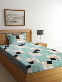 ARRABI - Green Geometric TC Cotton Blend Single Bedsheet with 1 Pillow Cover