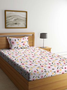 ARRABI - Pink Floral TC Cotton Blend Single Bedsheet with 1 Pillow Cover