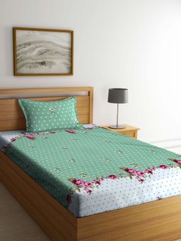 ARRABI - Green Floral TC Cotton Blend Single Bedsheet with 1 Pillow Cover